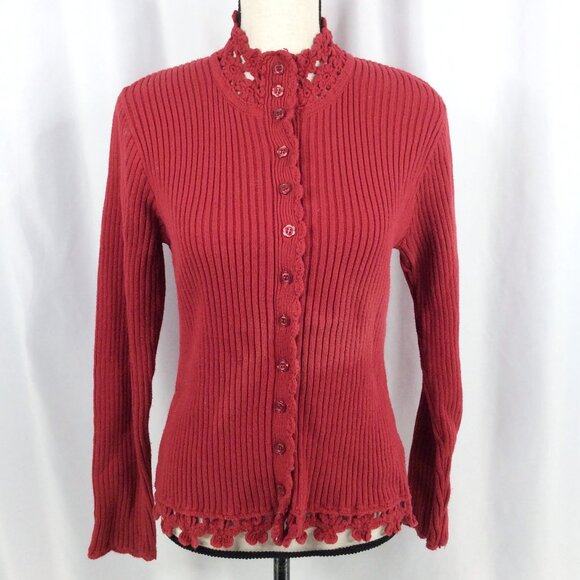 April Cornell Cardigan Sweater Womens Medium Red Ribbed Floral Crochet Button Up - Picture 1 of 9